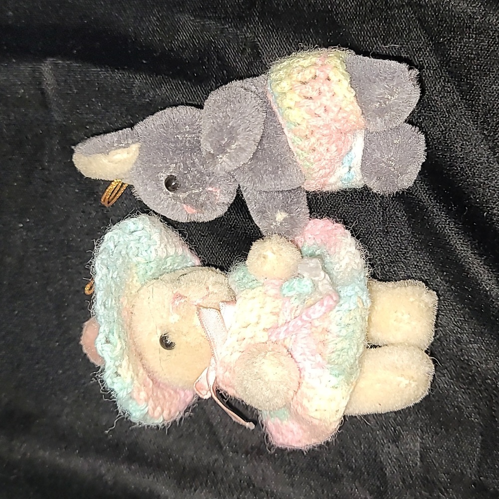 Vintage Boy &‎ Girl Jointed Bunny Rabbits w/ Crocheted Clothes,  Preloved 1980s